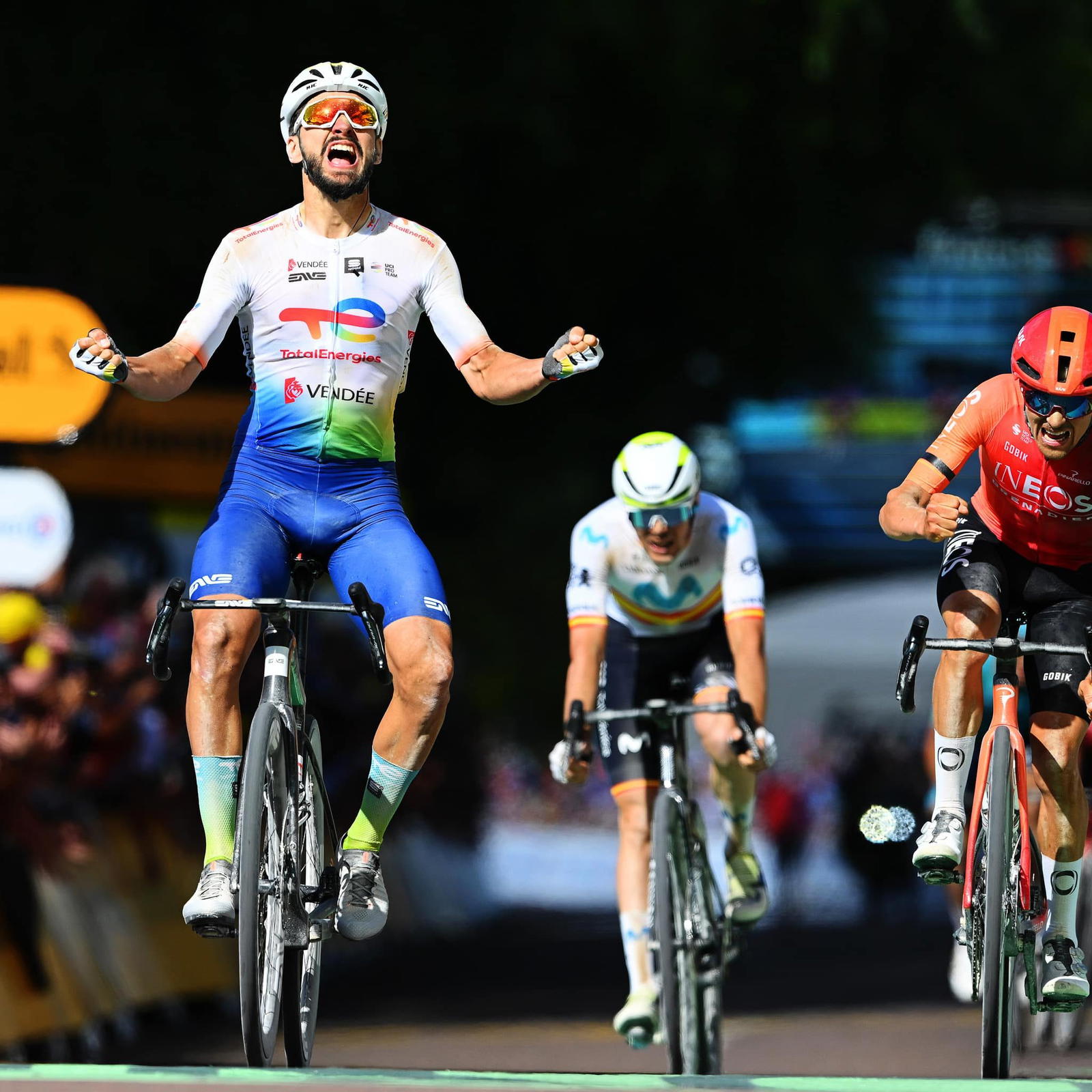 TROYES, FRANCE - JULY 07: (L-R) Anthony Turgis of France and Team TotalEnergies celebrates at finish line as stage winner ahead of Tom Pidcock of The United Kingdom and Team INEOS Grenadiers during the 111th Tour de France 2024, Stage 9 a 199km stage from Troyes to Troyes / #UCIWT / on July 07, 2024 in Troyes, France. (Photo by Dario Belingheri/Getty Images)