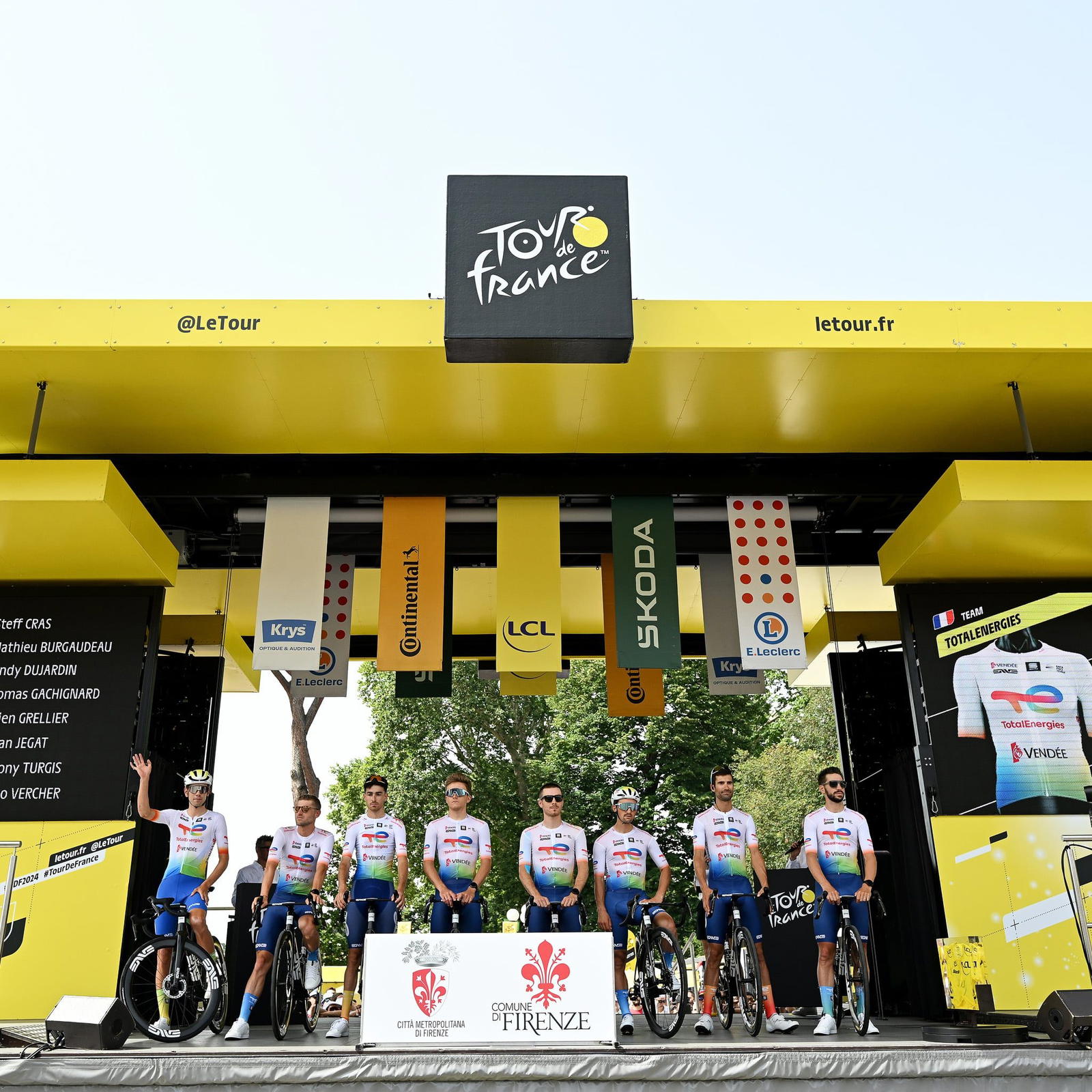 FIRENZE, ITALY - JUNE 29: Mathieu Burgaudeau of France, Steff Cras of Belgium, Anthony Turgis of France, Jordan Jegat of France, Thomas Gachignard of France, Matteo Vercher of France, Sandy Dujardin of France, Fabien Grellier of France and Team TotalEnergies prior to the 111th Tour de France 2024, Stage 1 a 206km stage from Firenze to Rimini / #UCIWT / on June 29, 2024 in Firenze, Italy. (Photo by Tim de Waele/Getty Images)